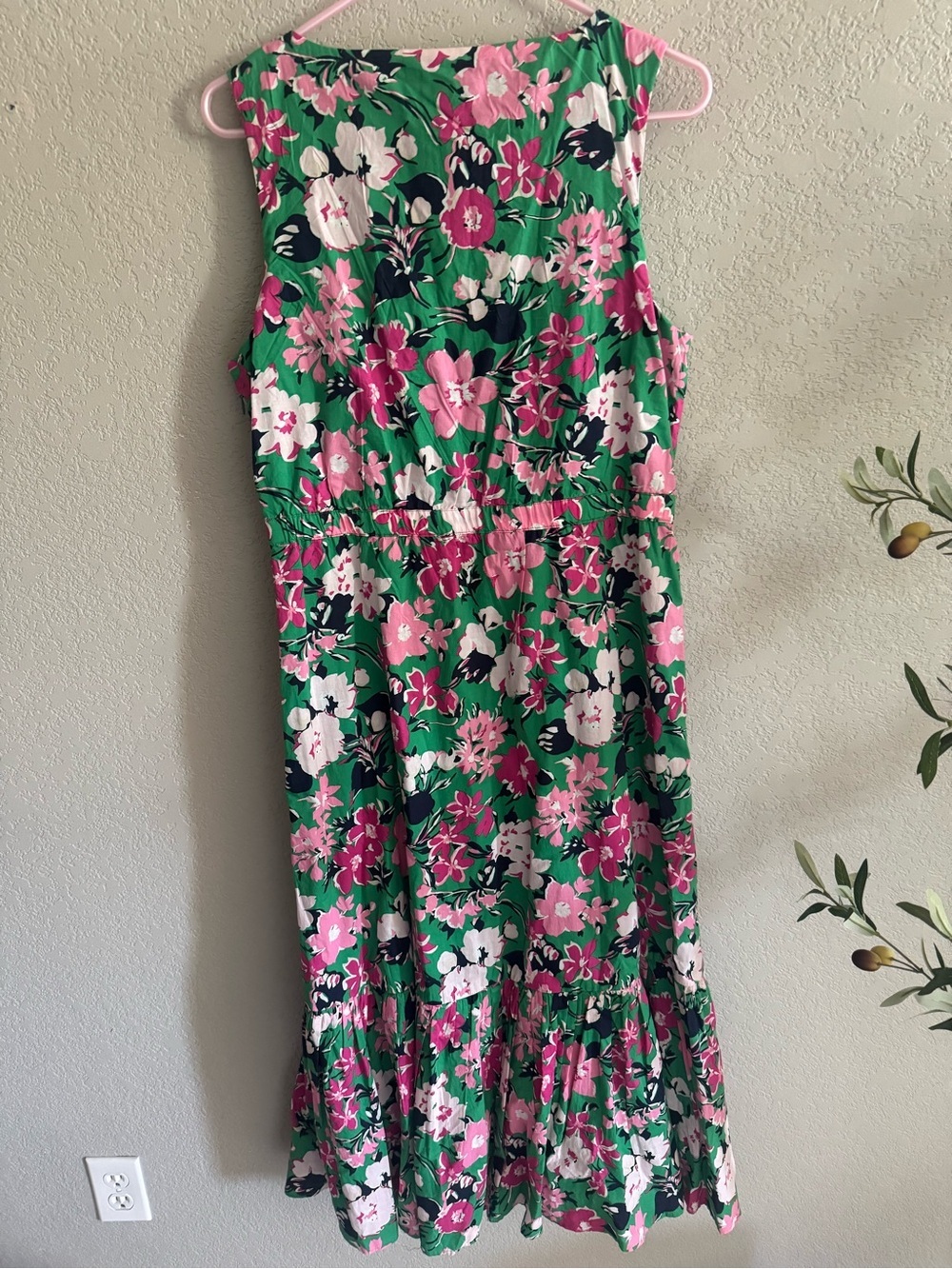 J.Crew Factory Floral Ruffle Trim Midi Dress Green Pink Sleeveless Size 12 - Picture 4 of 10